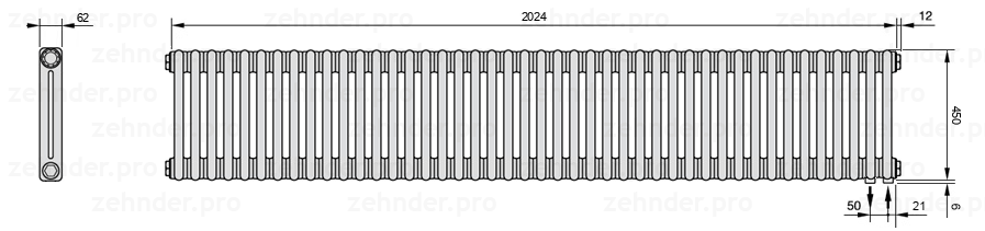Схема (чертеж) Радиатор Zehnder Charleston 2045/44 №5510 Белый глянцевый RAL 9016